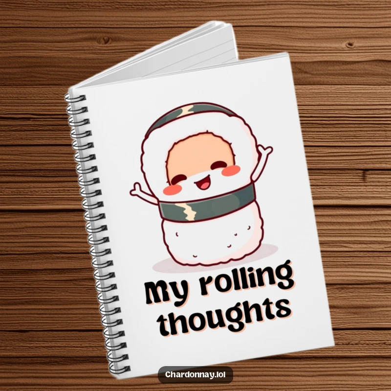 Funny sushi roll notebook, the cover features a cheerful cartoon sushi roll wiggling and balancing with delight.