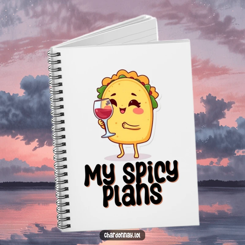 Funny notebook featuring a winking taco character balancing a tiny wine glass, perfect for jotting down recipes or party plans.