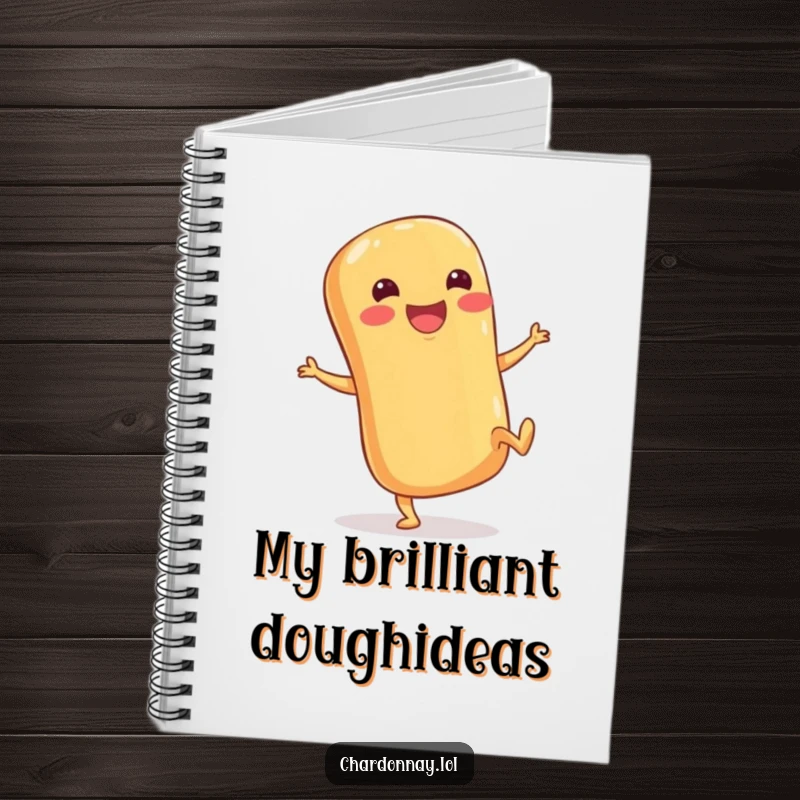 Funny notebook with a happy baguette character, stubby legs kicking heels up, perfect for journaling funny thoughts and grocery lists.