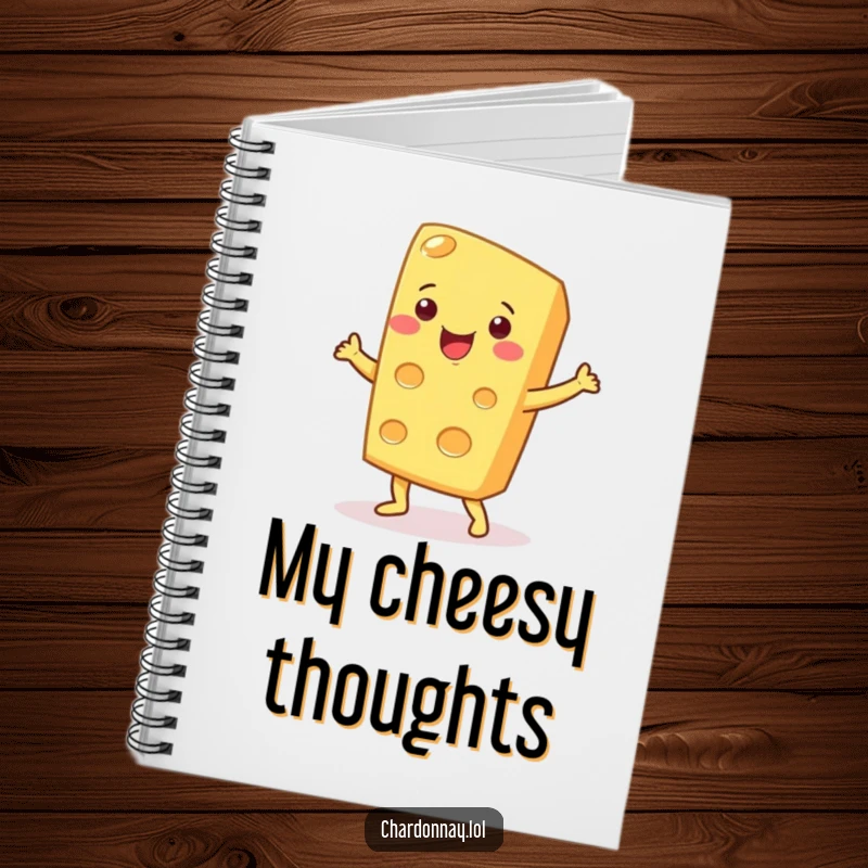 Funny notebook with a smiling cheese wedge doing a dance. Perfect for journaling, recipes, and doodling with cheesy humor.