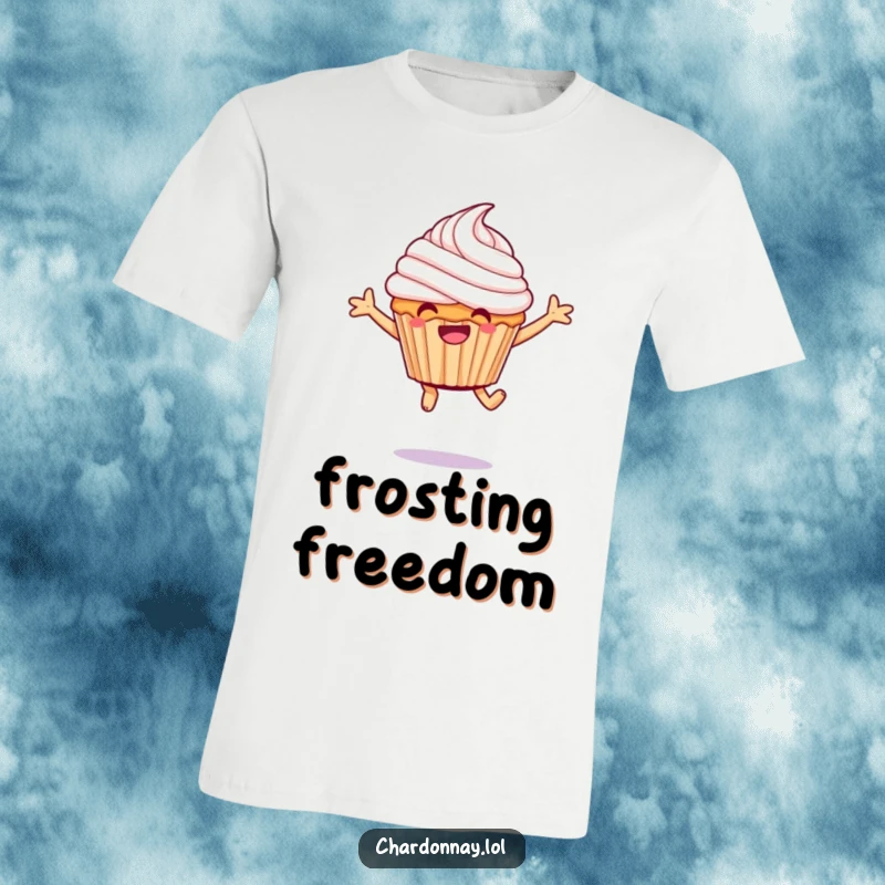 Funny giggling cupcake t-shirt, a joyful character leaping with frosting, celebrating sweet, hilarious moments.