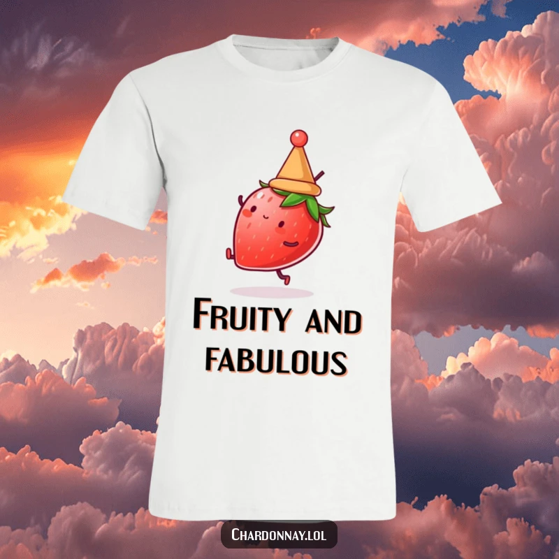 Funny t-shirt with a strawberry in a hat doing a cartwheel. Great for summer vibes and those who enjoy playful designs.