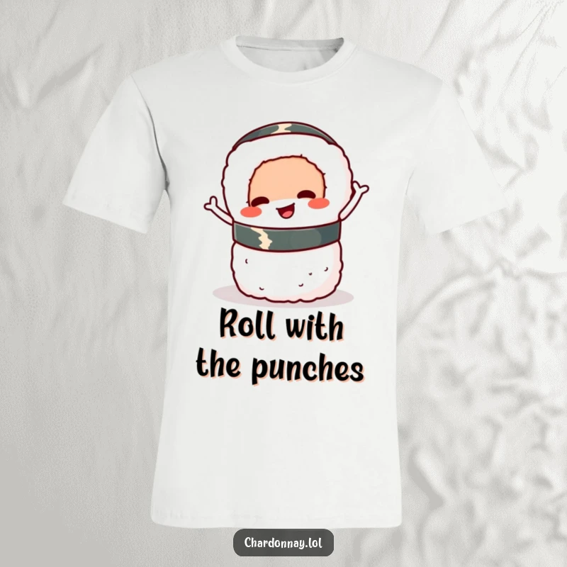 Funny sushi roll wiggle t-shirt, a cartoon sushi roll joyfully wiggling while maintaining a precarious balance.