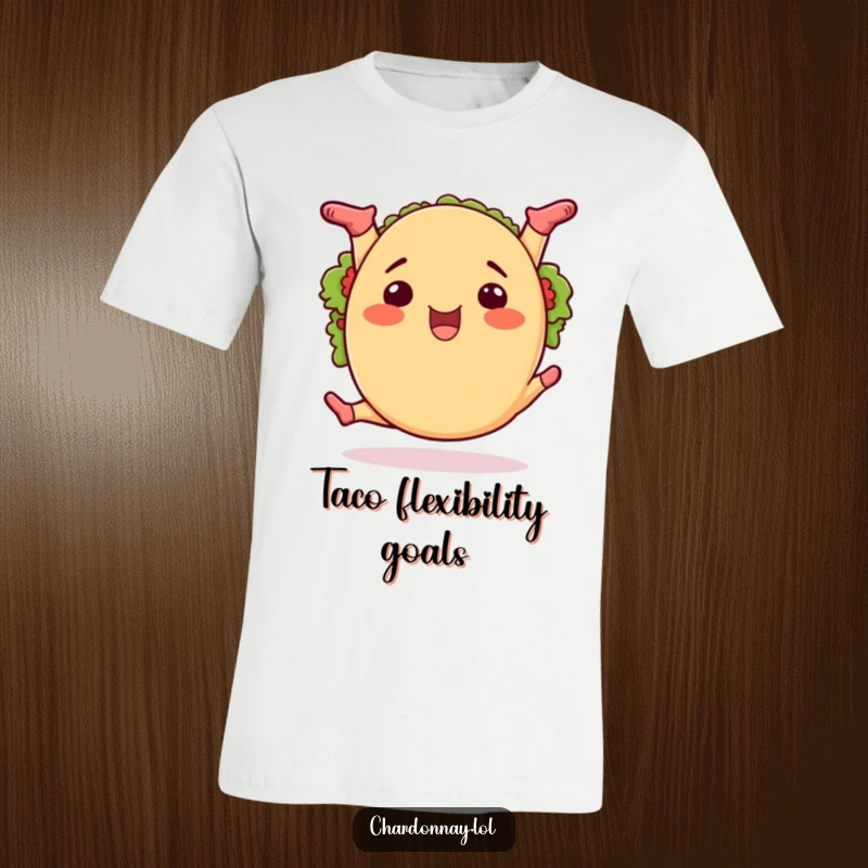 Funny taco splits t-shirt, a cartoon taco performing a perfect split with enthusiasm and flair, full of joy.