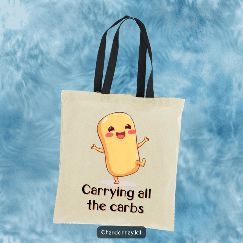 Funny tote bag with a happy baguette character with stubby legs kicking its heels up, perfect for grocery runs and smiles.