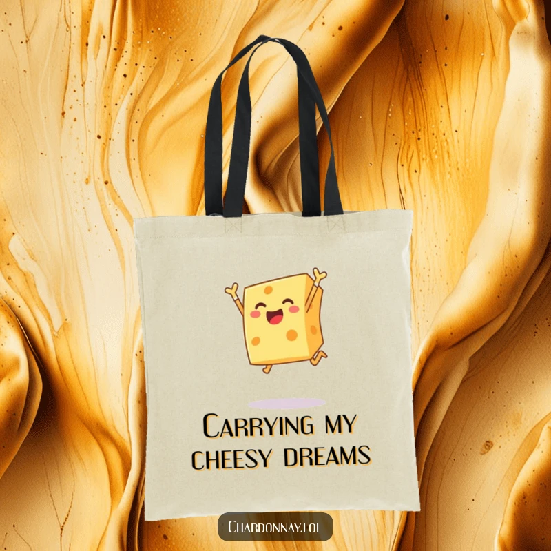 Funny tote bag with a cheerful block of cheese leaping joyfully into the air, adding a splash of hilarious dairy-themed fun.