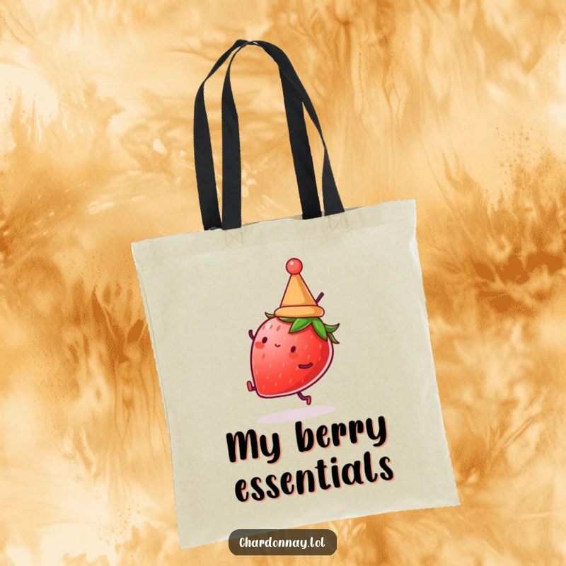 Funny tote bag depicting a strawberry in a tiny hat doing a cartwheel. Perfect for groceries and daily errands with humor.