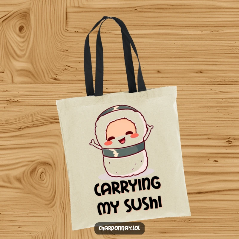 Funny sushi roll tote bag, a cartoon sushi roll wiggling and balancing, perfect for carrying your joys.