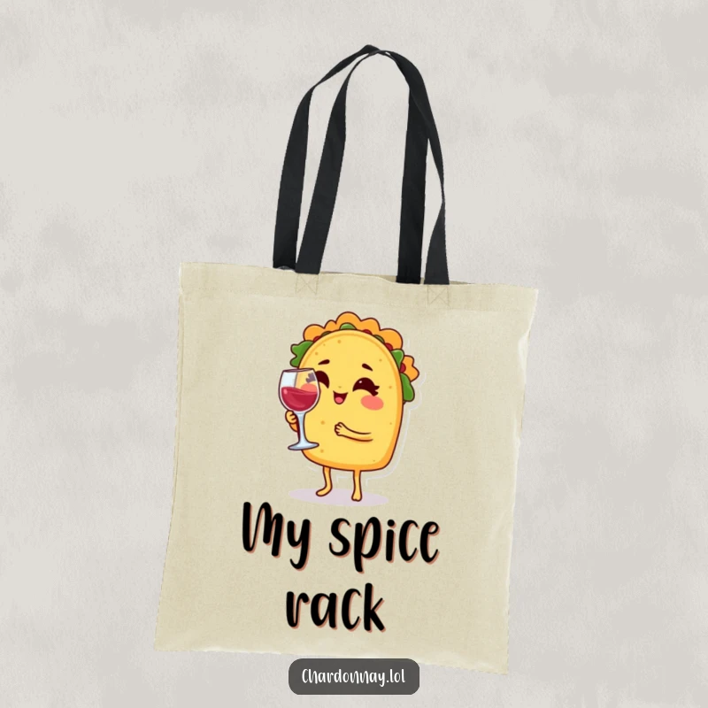 Funny tote bag with a winking taco character balancing a tiny wine glass, perfect for groceries or carrying your fiesta essentials.